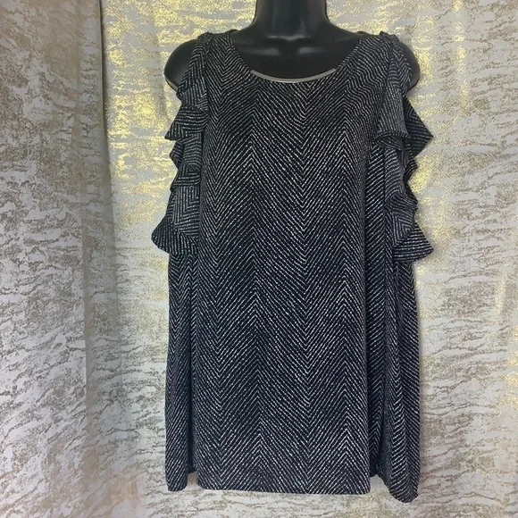 Michael Michael Kors black/white ruffled cold shoulder blouse size L - Picture 2 of 13